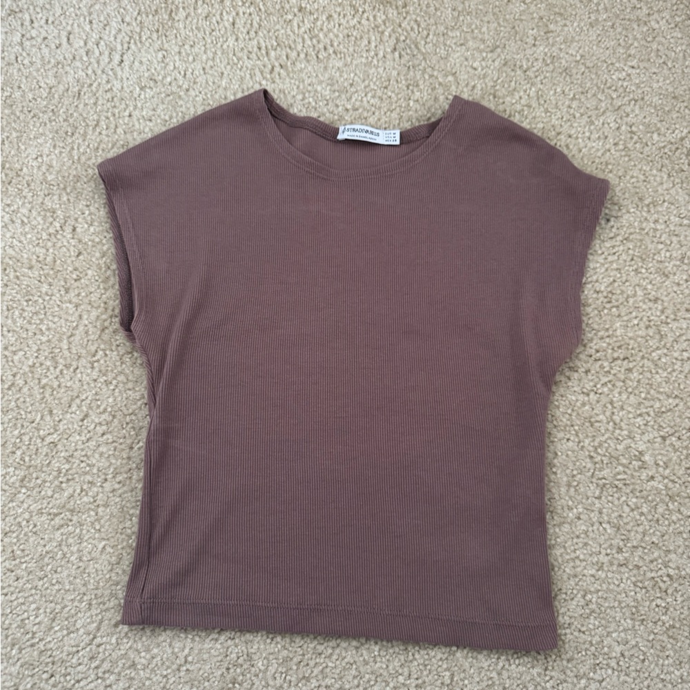 Brown Ribbed Short Sleeve Top